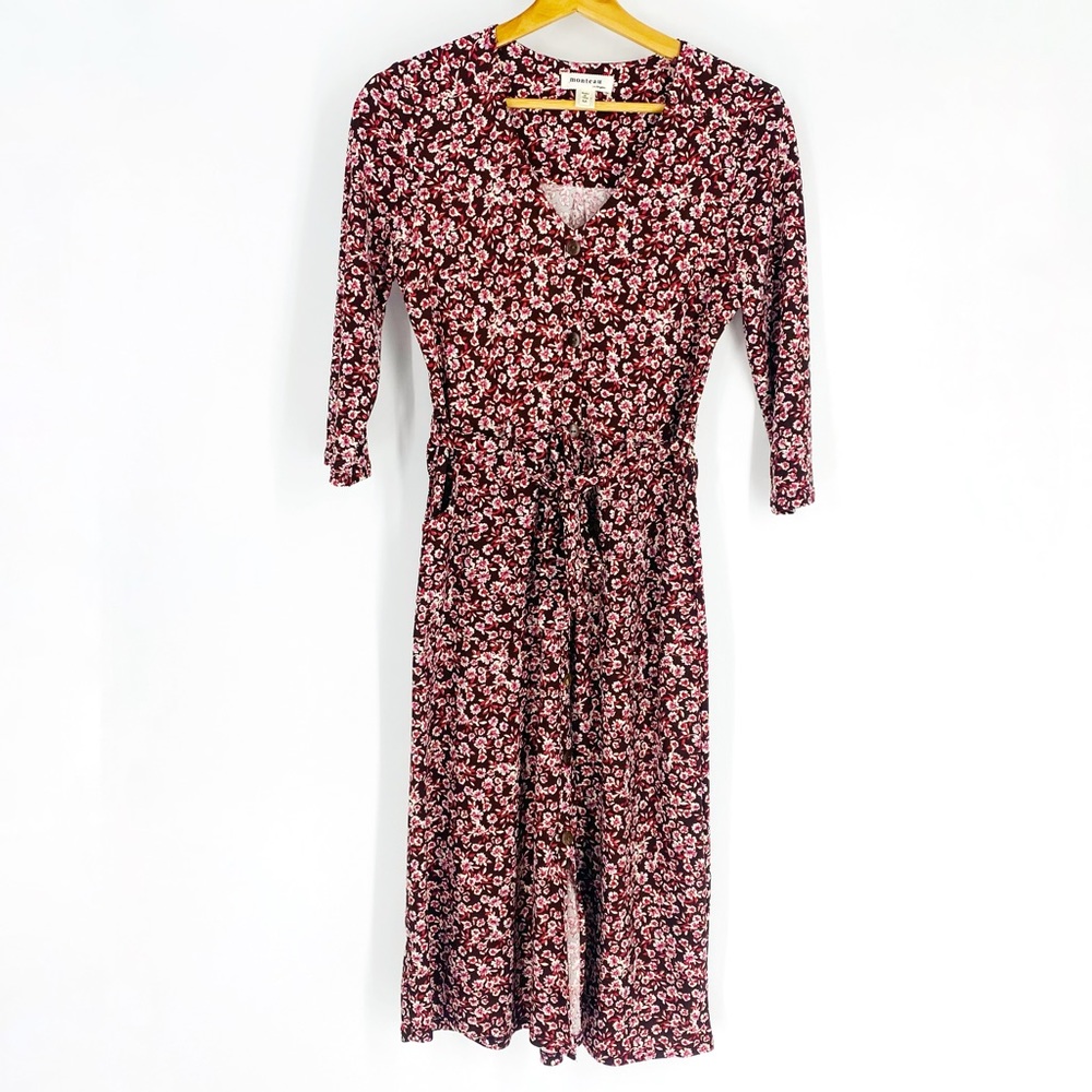 Monteau Brown Pink Floral Belted Pocket V-Neck Mid Dress M - Picture 1 of 7